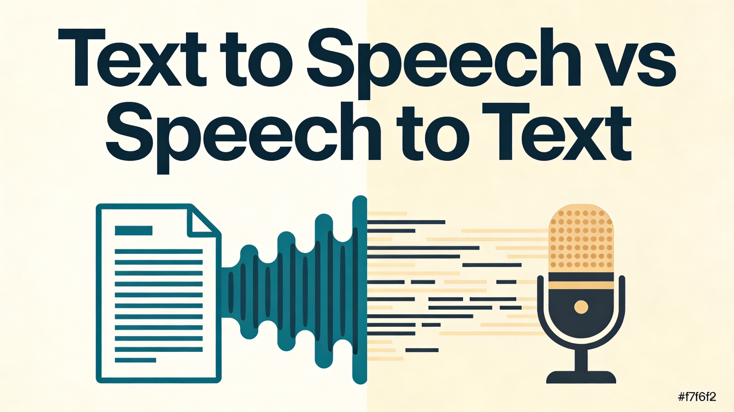 Split illustration: document on the left representing Text to Speech, microphone on the right representing Speech to Text